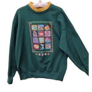 Vintage 90s Karen Blake Country Puff Print Sweatshirt USA Green Mock Neck L